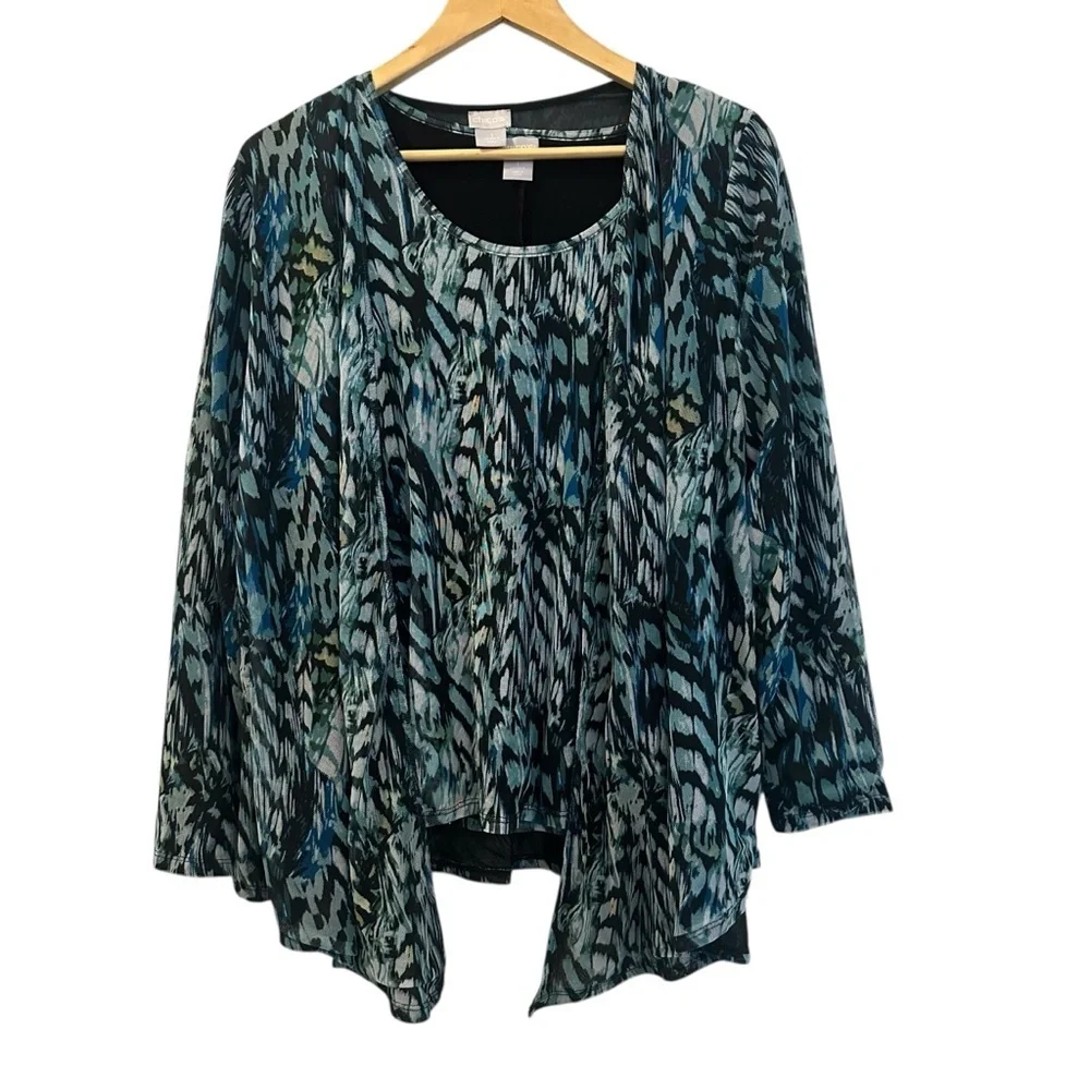 Chico’s Leaf-Print Mesh Cardigan and Matching Tank Set Size Medium Open Front